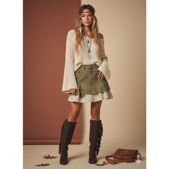 Free People Skirt Womens 28 Olive Green Y2K High Waisted Distressed Flare Mini - Picture 9 of 9
